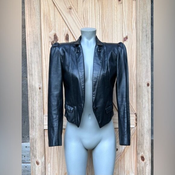 Vintage Retro 70s Wilsons Black Cropped Leather Tuxedo Style Jacket~S~ - Picture 3 of 9